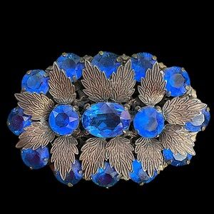 Vintage Czech Blue Rhinestone Filigree Crystal Brooch Pin